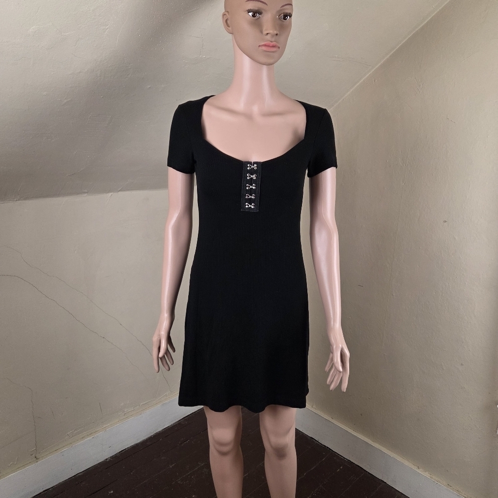Reformation Black Ribbed Mini Dress Hook Front Short Sleeve Stretch Size S